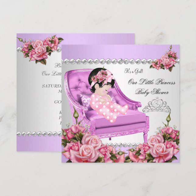Invitación Bebé Princesa Ducha Niña Rosas Rosadas Lavanda 2 (Anverso / Reverso)