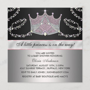 Invitación Bebé Princesa Niña Rosa y Negro Tiara Baby Shower