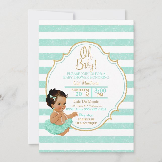 Invitación Bebé Princesa Niña Tutú de Menta Rayas Brillo Dora (Anverso)