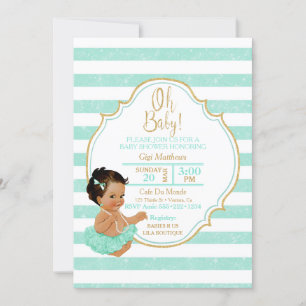 Invitación Bebé Princesa Niña Tutú de Menta Rayas Brillo Dora