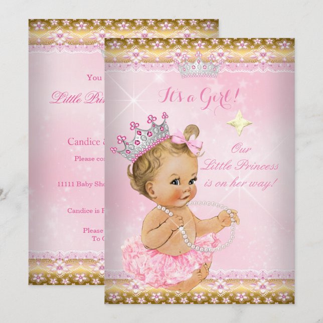 Invitación Bebé Princesa Shower Rosa Tutú Tiara Dorada Rubia (Anverso / Reverso)