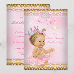 Invitación Bebé Princesa Shower Rosa Tutú Tiara Dorada Rubia