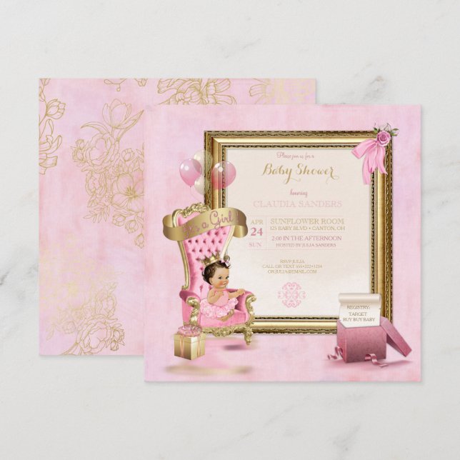 Invitación Bebé Princesa Tutu Corona Dorada Rosa Real (Anverso / Reverso)
