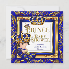 Invitación Bebé Príncipe Real Ducha Azul Corona Dorada Morena