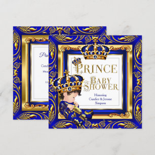 Invitación Bebé Príncipe Real Ducha Azul Corona Dorada Morena