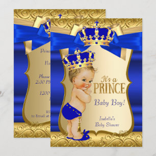 Invitación Bebé Príncipe Real Ducha Azul Dorado Damasco Rubio