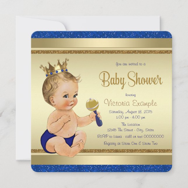 Invitación Bebé Real Niño Azul Oro Príncipe Baby Shower (Anverso)