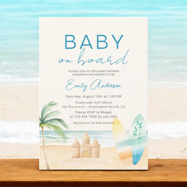 Invitación Bebé retro a bordo de la ducha de playa (Subido por el creador)