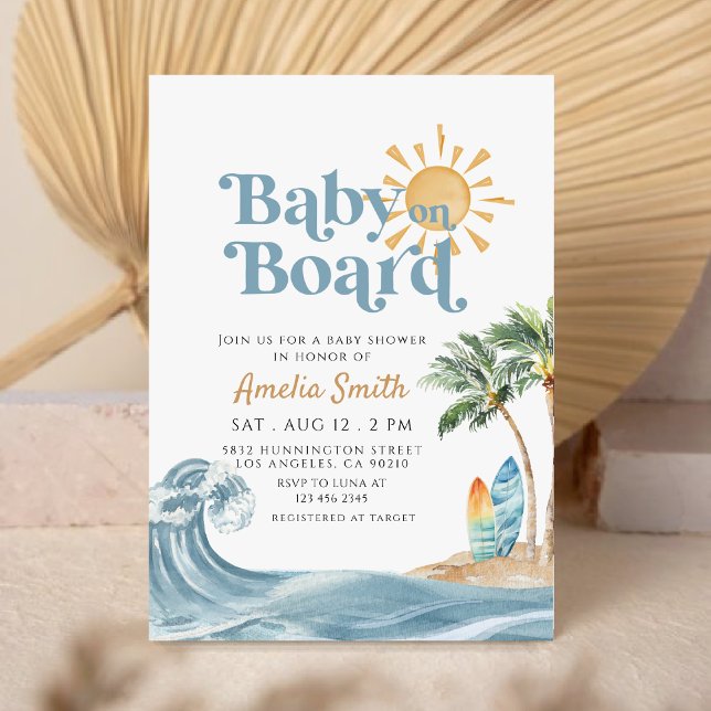 Invitación Bebé retro a bordo Surboard Beach baby ducha (Subido por el creador)