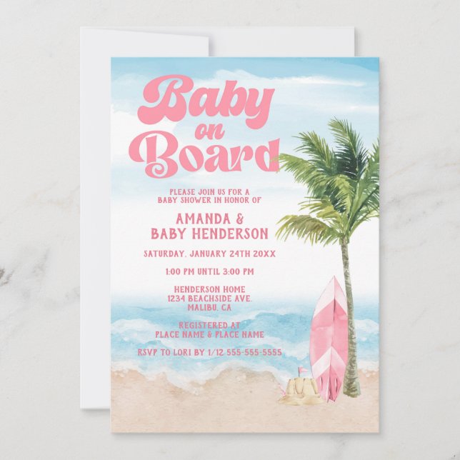 Invitación Bebé Retro Rosa A Bordo Baby Shower (Anverso)