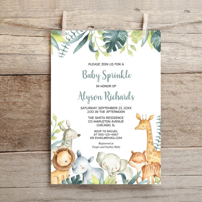 Invitación Bebé rociar lindos animales de safari género neutr (Subido por el creador)
