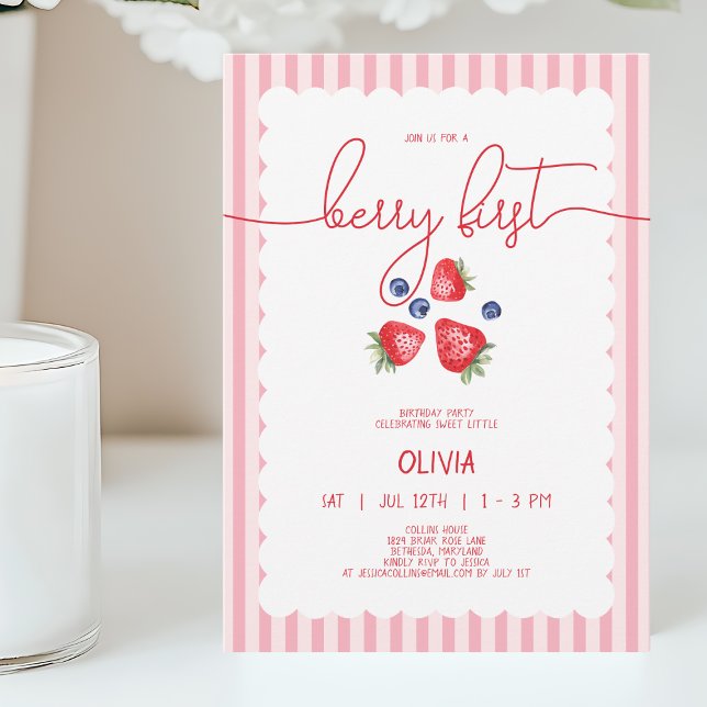 Invitación Bebé Rojo Cute Berry Primer Fiesta de cumpleaños (Cute Red Baby Girl Berry First 1st Birthday Party Invitation)