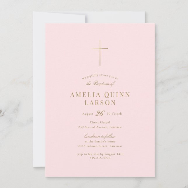 Invitación Bebé Rosa Bebé Sencillo Elegante Baptismo De La Cr (Anverso)