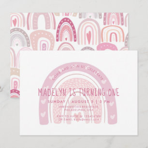 Invitación Bebé Rosa Boho Arcoiris Primer cumpleaños