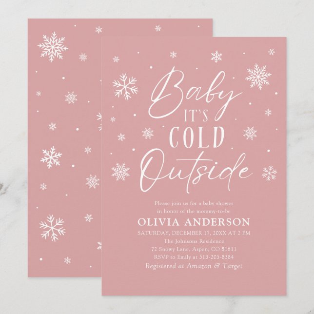 Invitación Bebé rosa de invierno hace frío fuera de Baby Show (Anverso / Reverso)