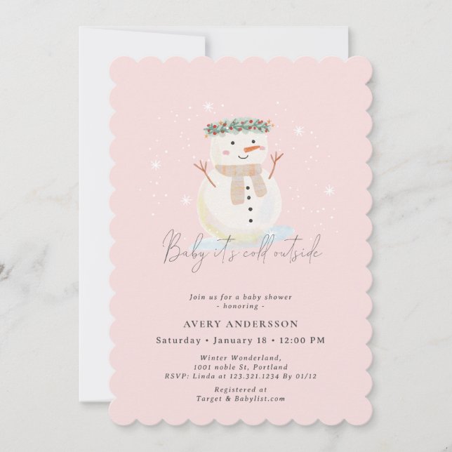 Invitación Bebé rosa de muñeco de nieve hace frío fuera de Ba (Anverso)