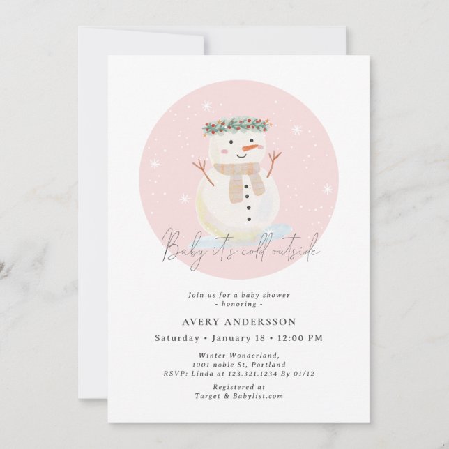 Invitación Bebé rosa de muñeco de nieve hace frío fuera de Ba (Anverso)