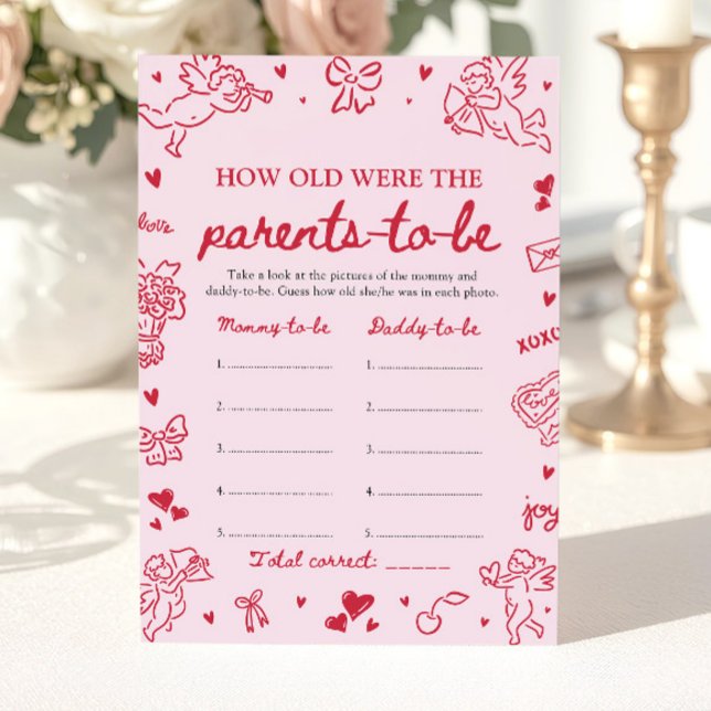 Invitación Bebé Rosa Dibujado a Mano a Cuántos Años Tenían (Pink Hand Drawn Baby Shower How Old Were They Game)