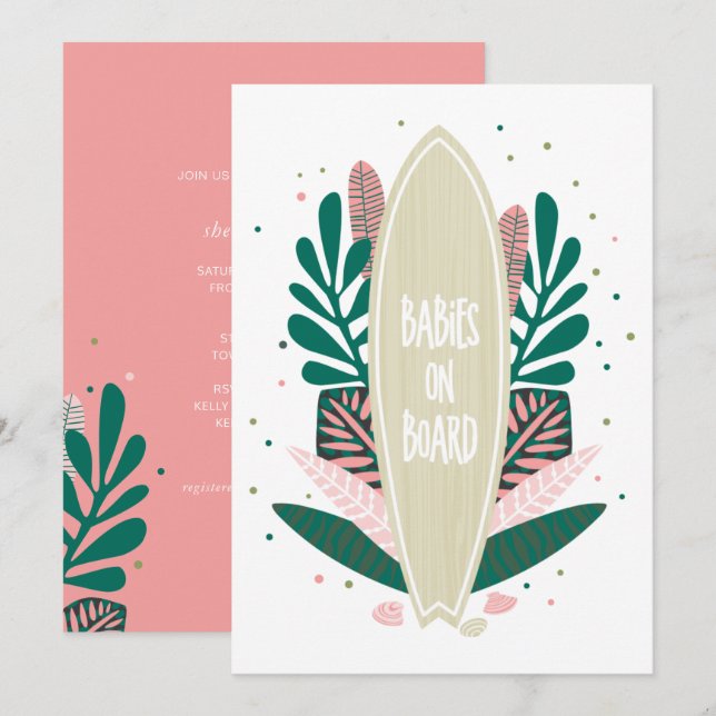 Invitación Bebé Rosa En Baby Shower De Gemelos A Bordo (Anverso / Reverso)