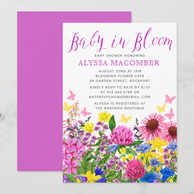 Invitación Bebé rosa en Baby Shower floral en flor (Anverso / Reverso)