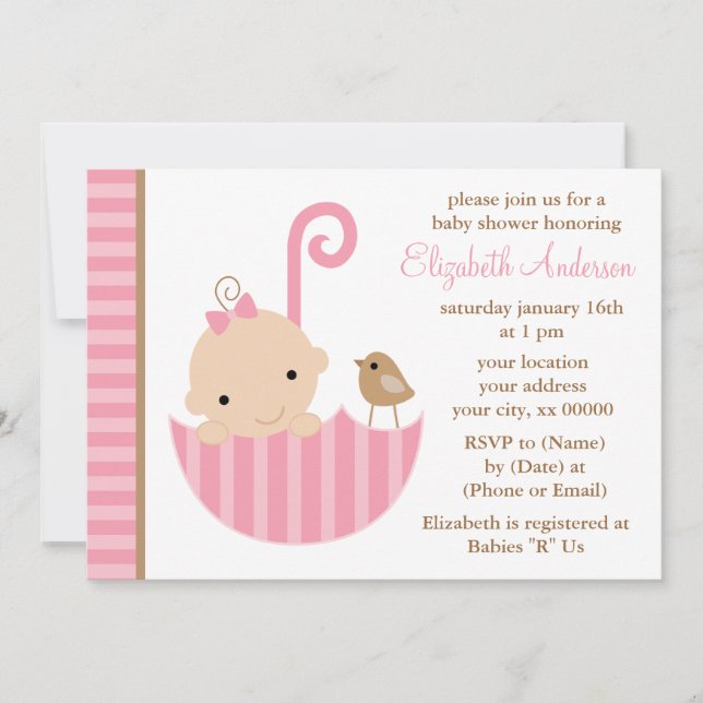 Invitación Bebé rosa en el Baby Shower de los paraguas (Anverso)