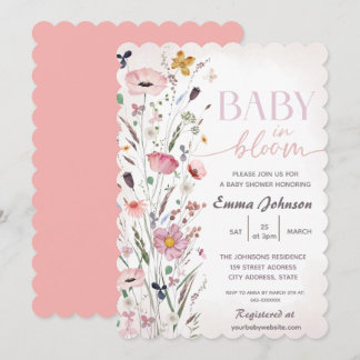 Invitación Bebé rosa en el florecimiento de flores silvestres