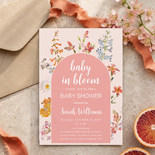 Invitación Bebé Rosa en Floral Floral de Niña Regadera Flores