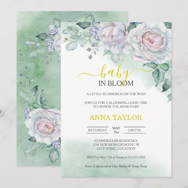 Invitación Bebé Rosa en un Baby Shower floral (Anverso / Reverso)