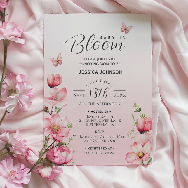 Invitación Bebé rosa floral de primavera en Baby Shower, Chic (Pink Baby in Bloom Floral Butterfly Baby Shower Invitation)