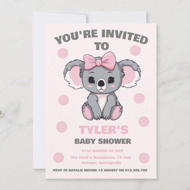Invitación Bebé rosa Koala Bear (Anverso)