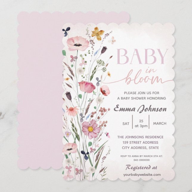 Invitación Bebé rosa ligero en el florecimiento de flores sil (Anverso / Reverso)