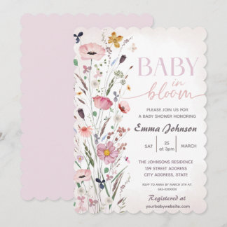 Invitación Bebé rosa ligero en el florecimiento de flores sil