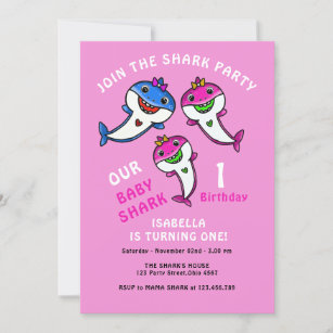 Invitación Bebé rosa lindo tiburón bebé niña primer cumpleaño