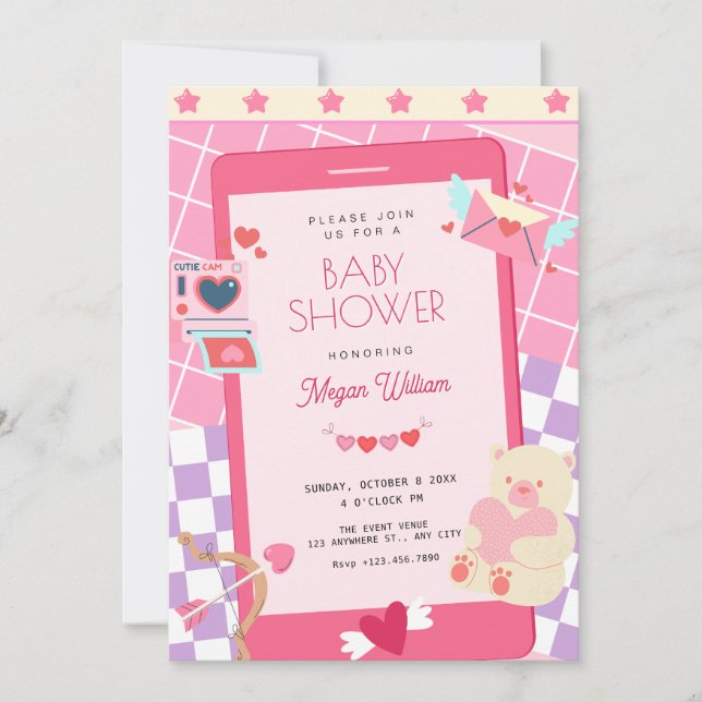 Invitación Bebé rosa lindo y juguetón (Anverso)