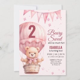Invitación Bebé Rosa Niña Air Ballon Teddy Bear Cumpleaños