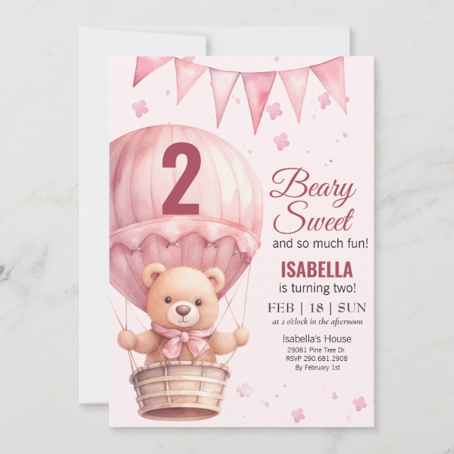 Invitación Bebé Rosa Niña Air Ballon Teddy Bear Cumpleaños (Anverso)