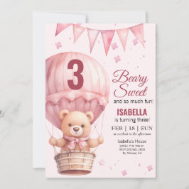 Invitación Bebé Rosa Niña Air Ballon Teddy Bear Cumpleaños