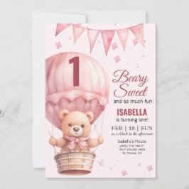 Invitación Bebé Rosa Niña Air Ballon Teddy Bear Cumpleaños