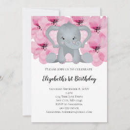 Invitación Bebé Rosa Niña Elefante Flor Cuta Floral