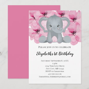 Invitación Bebé Rosa Niña Elefante Flor Cuta Floral