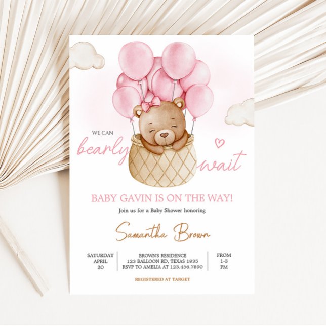 Invitación Bebé rosa oso globo aerostático Baby Shower (Baby Bear Pink Baby Shower Invitation)