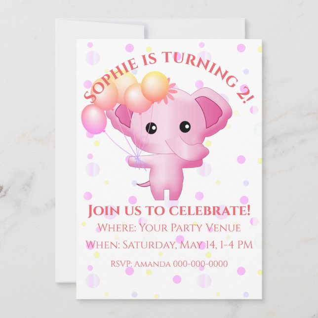 Invitación Bebé rosa pequeño lindo Elefante cumpleaños (Anverso)