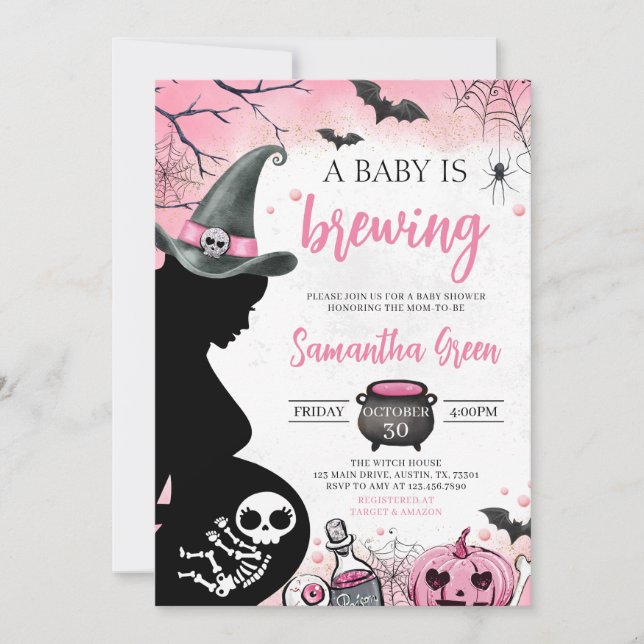 Invitación Bebé rosa prepara Baby Shower de Halloween (Anverso)