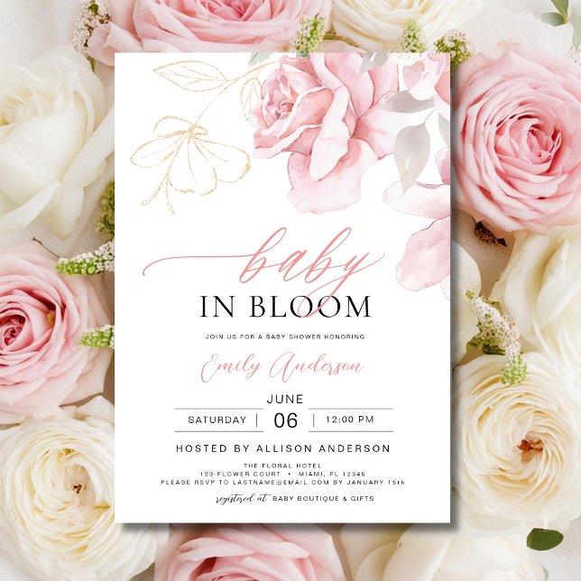 Invitación Bebé rosa Rubor en un Chica floral de ducha de flo (Subido por el creador)