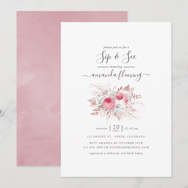Invitación Bebé rosa y oro floral Sip y Ver (Anverso / Reverso)