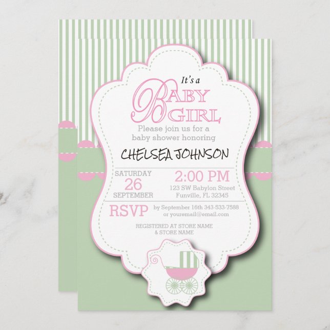 Invitación Bebé rosa y verde de menta, ducha de buggy (Anverso / Reverso)