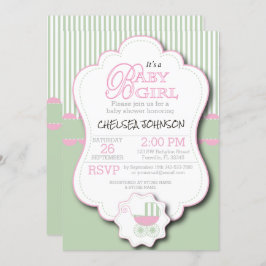 Invitación Bebé rosa y verde de menta, ducha de buggy