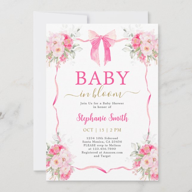 Invitación Bebé rosado caliente en Chica de Baby Shower en Bl (Anverso)