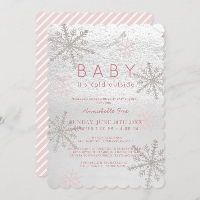 Invitación Bebé rosado con copo de nieve con Baby Shower en f (Anverso / Reverso)