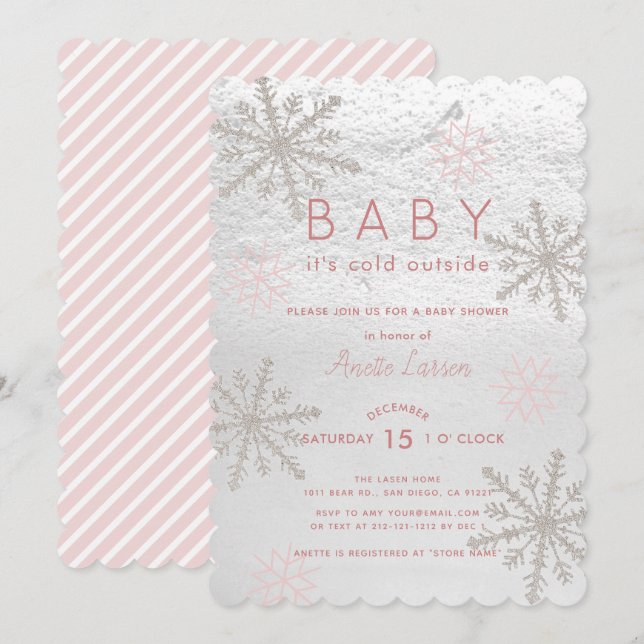 Invitación Bebé rosado con copo de nieve frío fuera de Baby S (Anverso / Reverso)